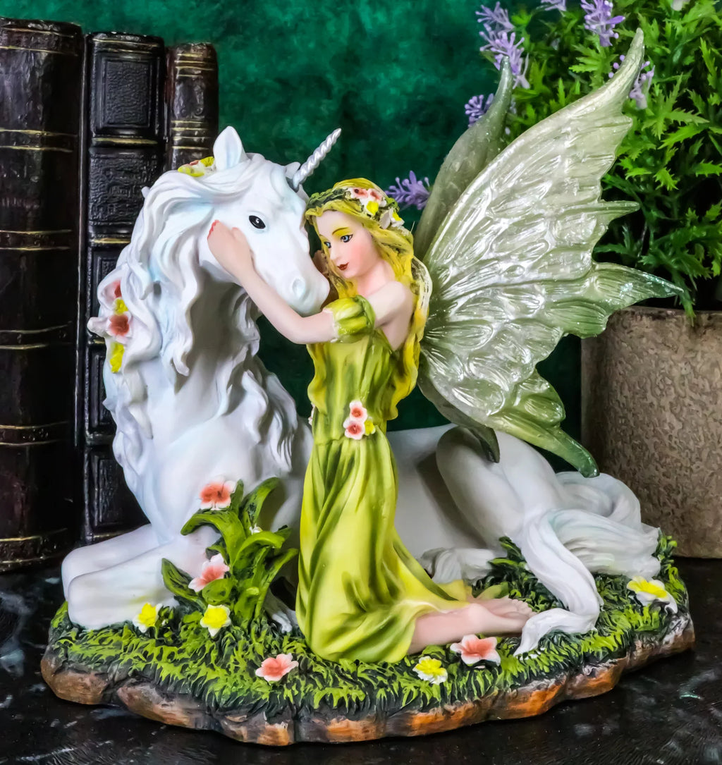 Green Earth Gaia Fairy With Rare Floral White Unicorn Statue Decor Figurine 7"L