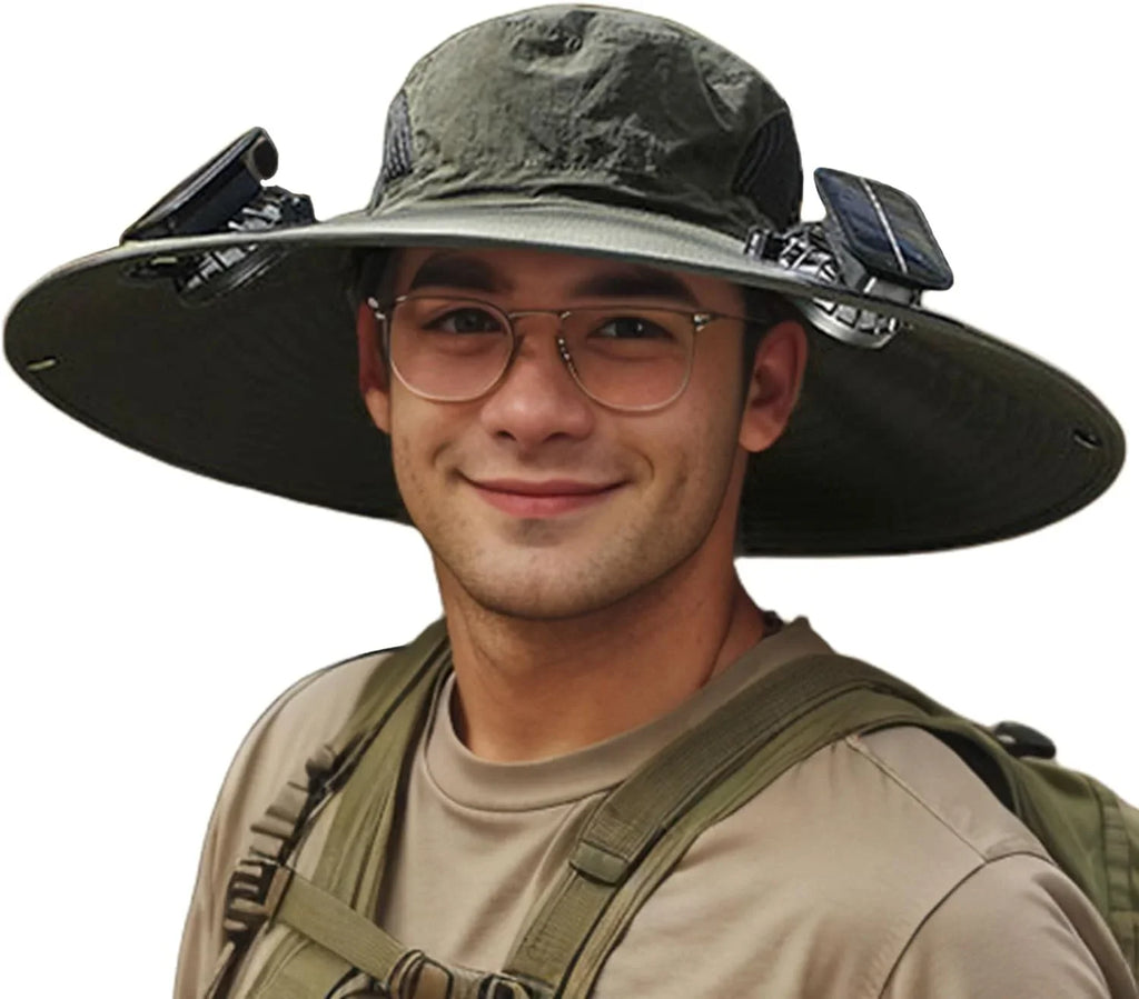 Men Sun Hat with 2 Solar Fan UPF 50+ Fishing Hats Wide Brim UV Protection Sun Hat, USB Charging