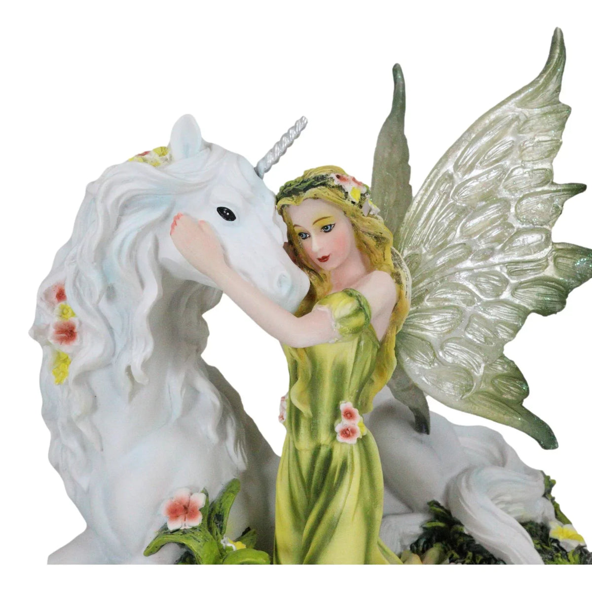 Green Earth Gaia Fairy With Rare Floral White Unicorn Statue Decor Figurine 7"L