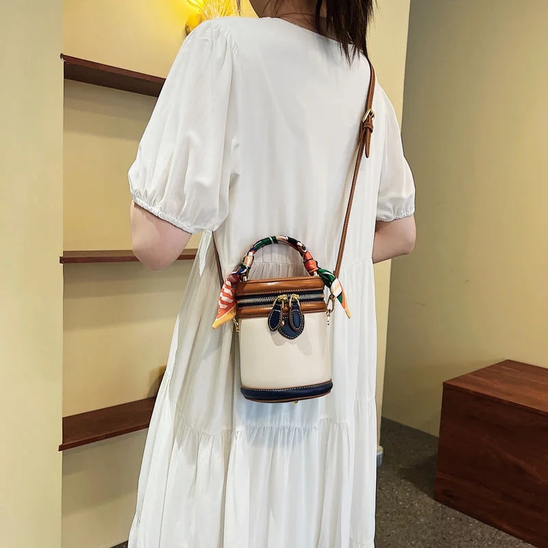 moocr Shoulder Cylinder Bucket Bag Scarf Decor Top Handle Bag Stylish Crossbody Purse For Women