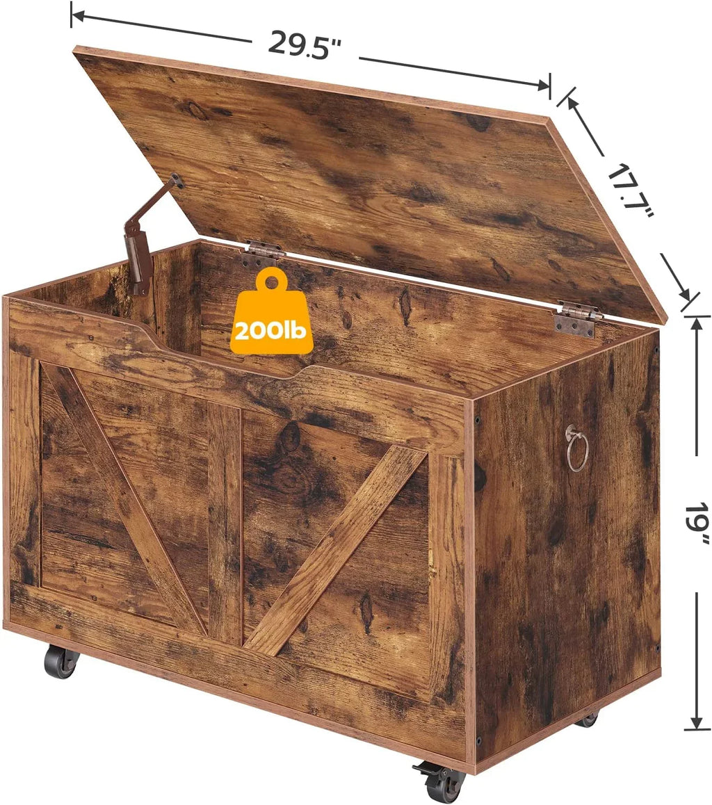 WAGEE Storage Chest, Storage Trunk on Wheels, Sturdy Storage Bench Supports 220 lb, Wooden Entryway Bench, Shoe Bench, Movable, Safety Hinge, U-Shaped Opening, Easy Assembly, Rustic Brown FG74CW01