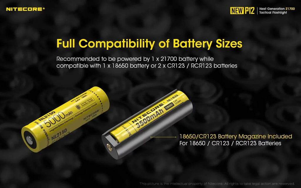 Nitecore New P12 Version LED Flashlight - 1200 Lumens w/NL2150HPR Battery, USB Cord, Offset Mount, RSW3 Pressure Switch, and 3Amp Wall Adapter