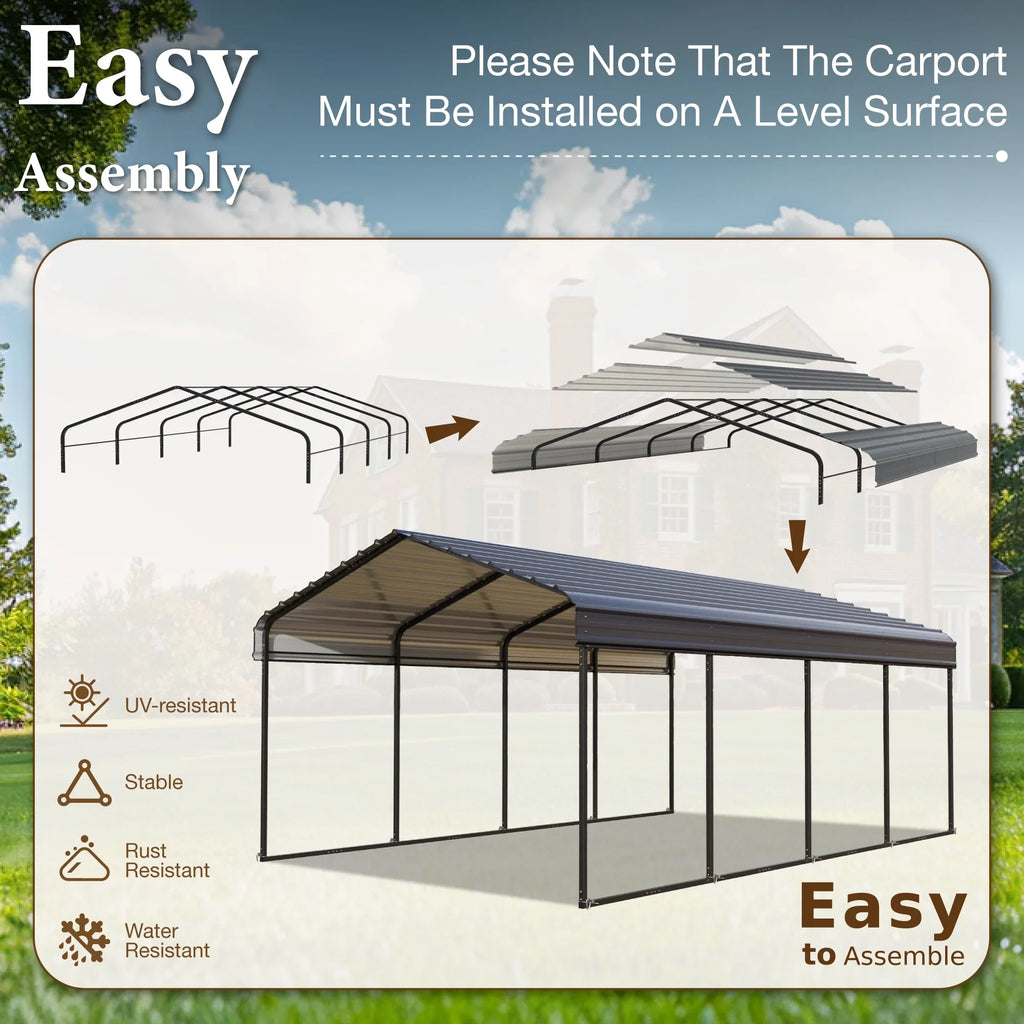 Summit Living 12 x 20 ft Metal Carport with Galvanized Steel Roof, Heavy-Duty Garage Car Storage Shelter, Gray