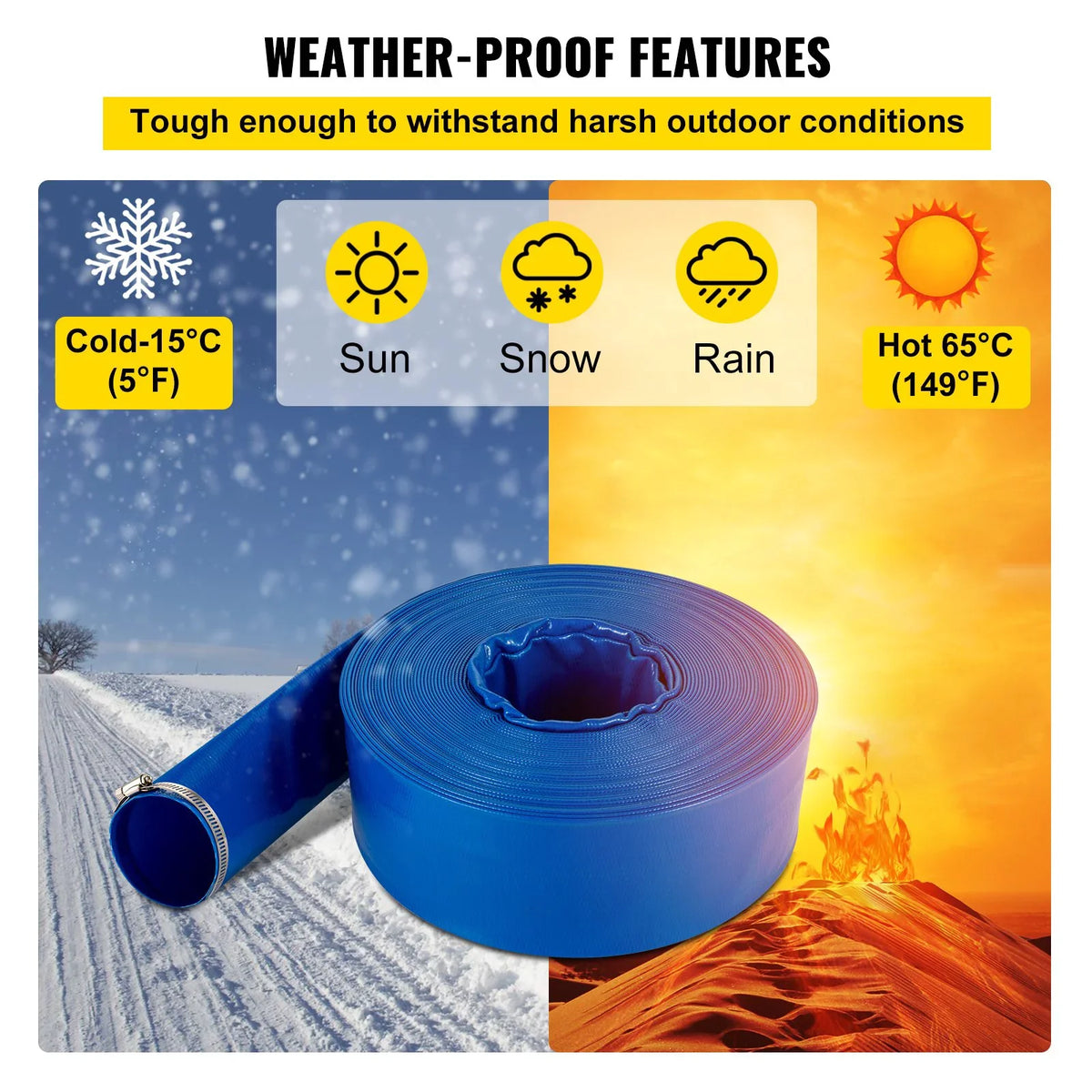 VEVOR Discharge Hose, 1-12" x 105', PVC Fabric Lay Flat Hose, Heavy Duty Backwash Drain Hose with Clamps, Weather-proof & Burst-proof, Ideal for Swimming Pool & Liquid Transfer, Blue