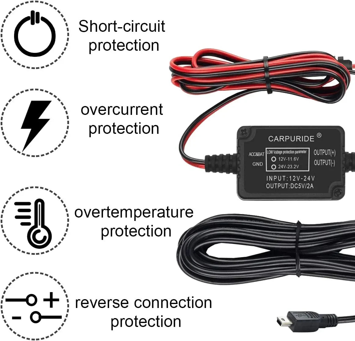 Dash Cam Hardwire Kit, Mini USB Port, DC 12V - 24V to 5V/2A Max Car Dash Camera Charger Cable kit with Fuse, Low