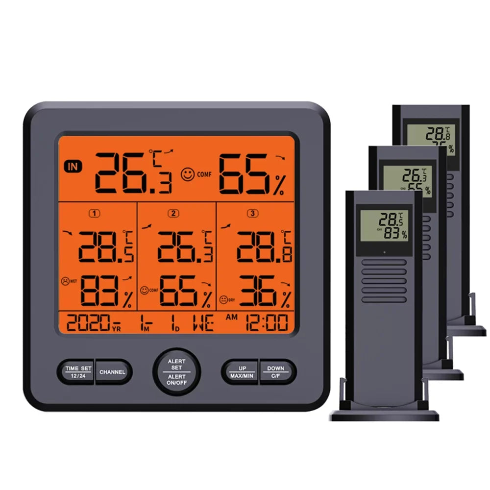 Digital Wireless Indoor Thermohygrometer with 3 Remote Sensors 98ft/ 30m Backlight & Alarm Calibration Function Humidity with 3 Transmitters Weather Stations for Home Office