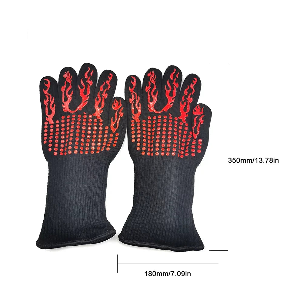 CACAGOO Barbecue Gloves with Silicone -slip Stripe Heat Proof Oven Gloves 500~800℃ Heat Resistant Grill Gloves for Outdoor Barbecue Garden Grilling Kitchen Cooking Welding