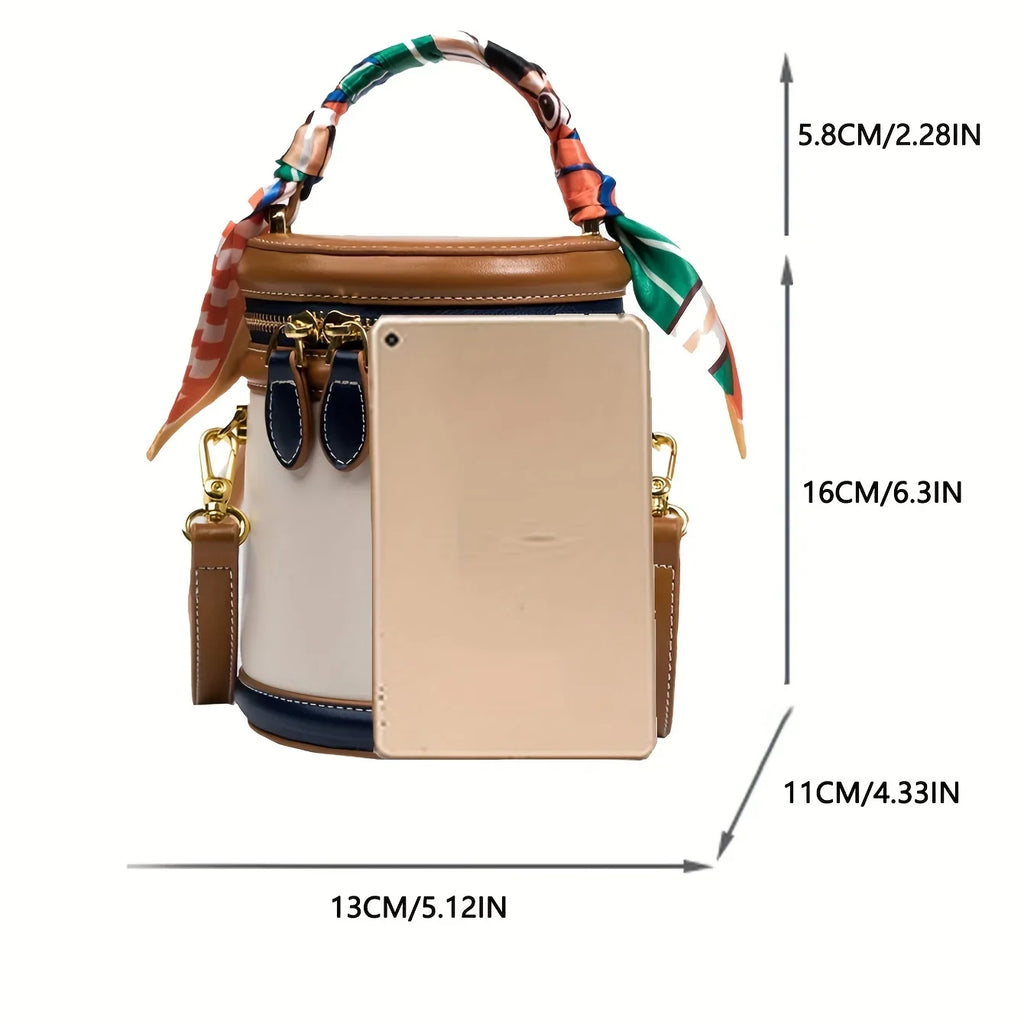moocr Shoulder Cylinder Bucket Bag Scarf Decor Top Handle Bag Stylish Crossbody Purse For Women