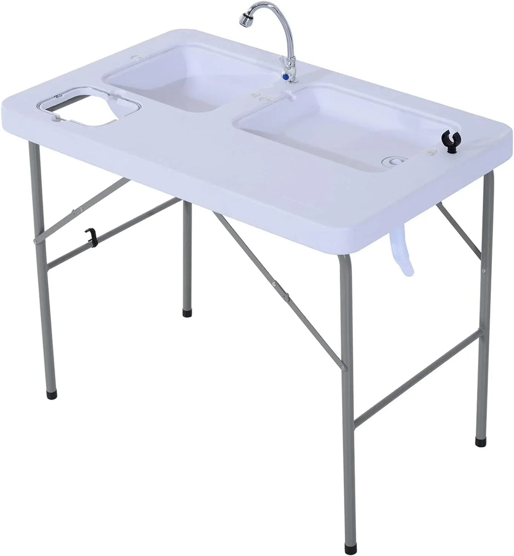 Folding Camping Table with Faucet and Dual Liquid Basins, Outdoor Fish Table Sink Station, for Picnic, Fishing, 40''