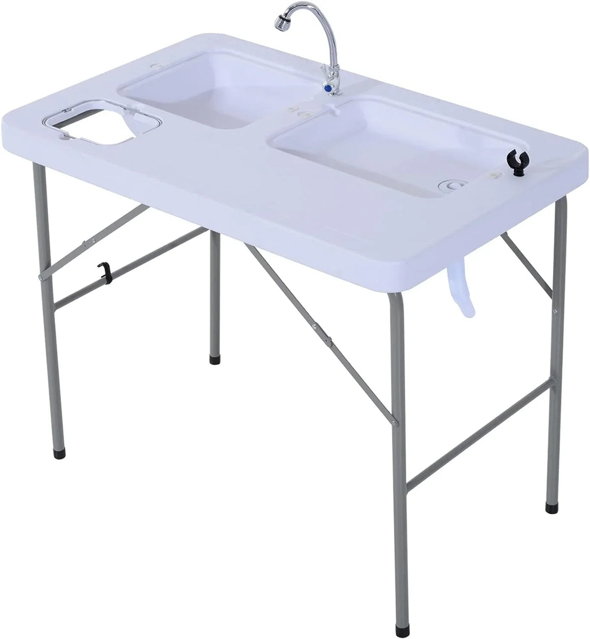 Folding Camping Table with Faucet and Dual Liquid Basins, Outdoor Fish Table Sink Station, for Picnic, Fishing, 40''