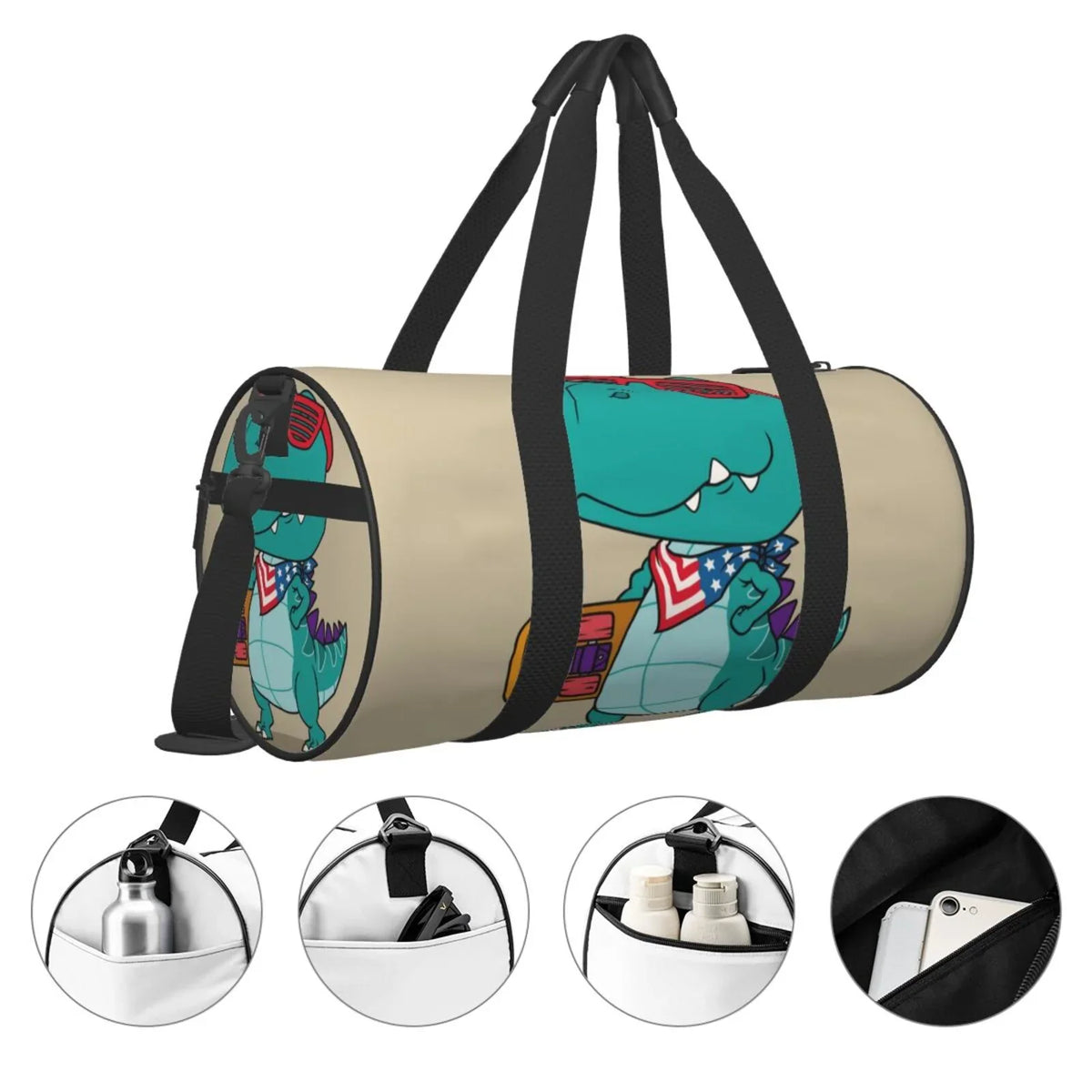 Coaee Cool Dino Playing Skateboard Large Capacity Travel Luggage Bag Cylinder Gym Bag Liquid Sports Bag with Pocket and Compartment