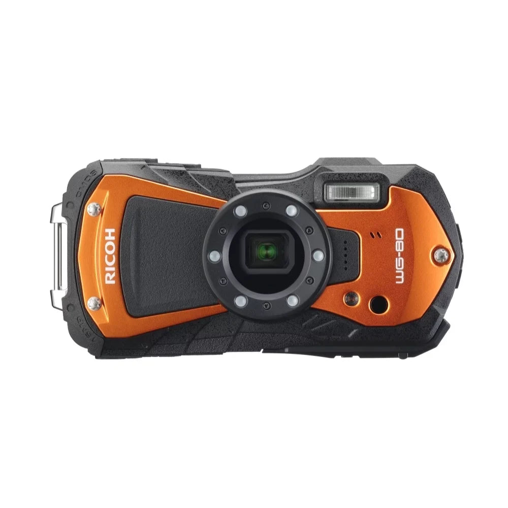Ricoh WG-80 Digital Camera | Orange Bundle with Conversion Tripod Adapter Camera Screw + Photo Kit + 64GB Memory Card + Battery + Battery Charger + Camera Case + Floating Strap (8 Items)