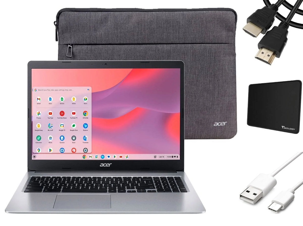 Chromebook 315 Mobile pc 15.6" HD Display, Celeron N4020, 4GB LPDDR4, 64GB eMMC, Long Battery Life, Wi-Fi 5, Bluetooth, Chrome OS, Silver with Sleeve + Tigology Accessories