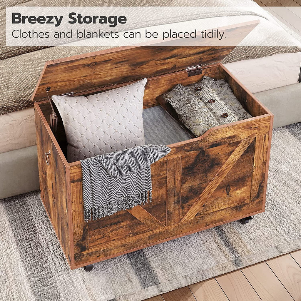 WAGEE Storage Chest, Storage Trunk on Wheels, Sturdy Storage Bench Supports 220 lb, Wooden Entryway Bench, Shoe Bench, Movable, Safety Hinge, U-Shaped Opening, Easy Assembly, Rustic Brown FG74CW01