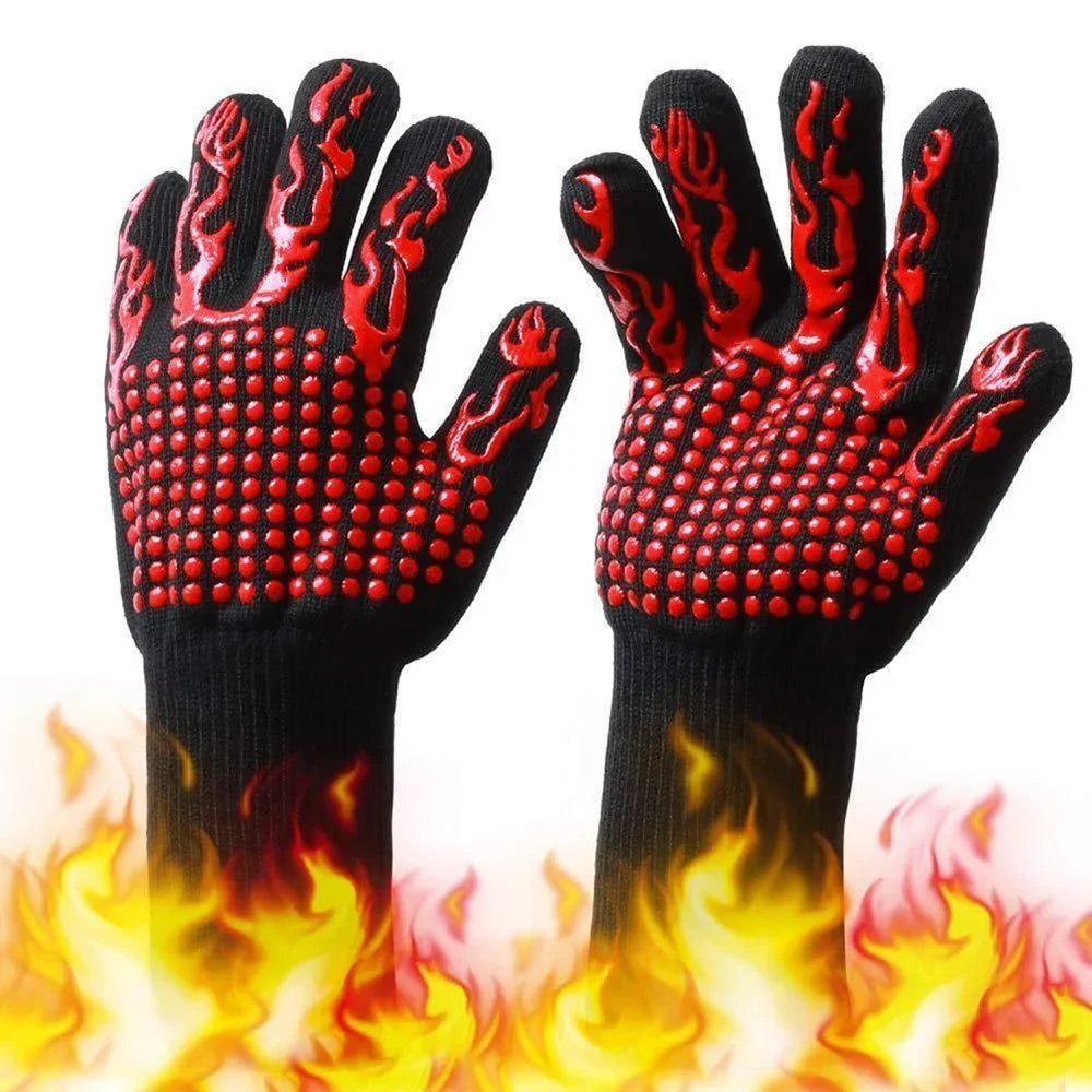 CACAGOO Barbecue Gloves with Silicone -slip Stripe Heat Proof Oven Gloves 500~800℃ Heat Resistant Grill Gloves for Outdoor Barbecue Garden Grilling Kitchen Cooking Welding