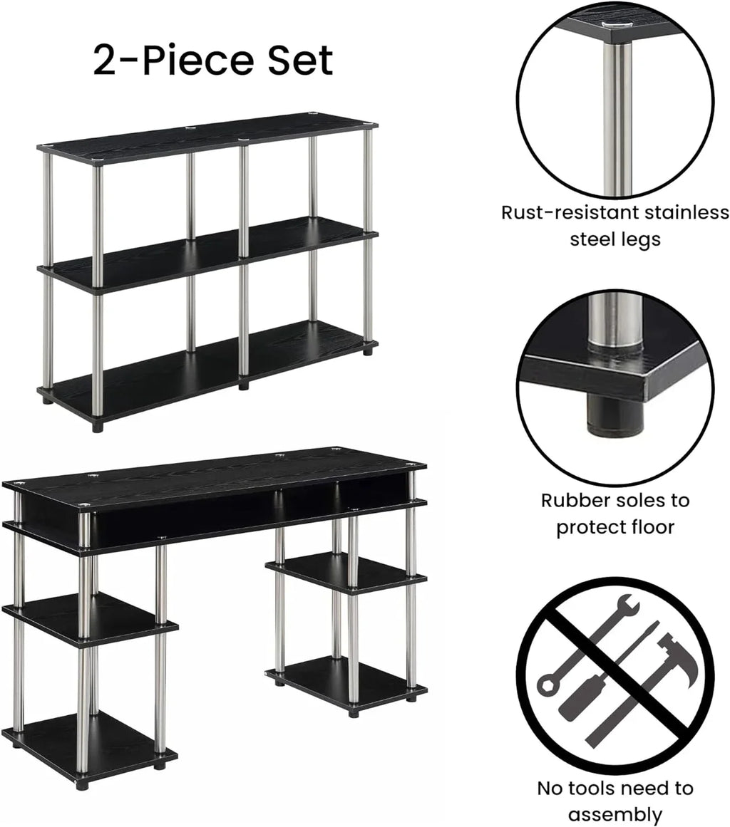 HOZO Designs2Go No Tools Office Contemporary Home Study, Modern Organization, 2-Piece Set (Desk, Console Table), Black
