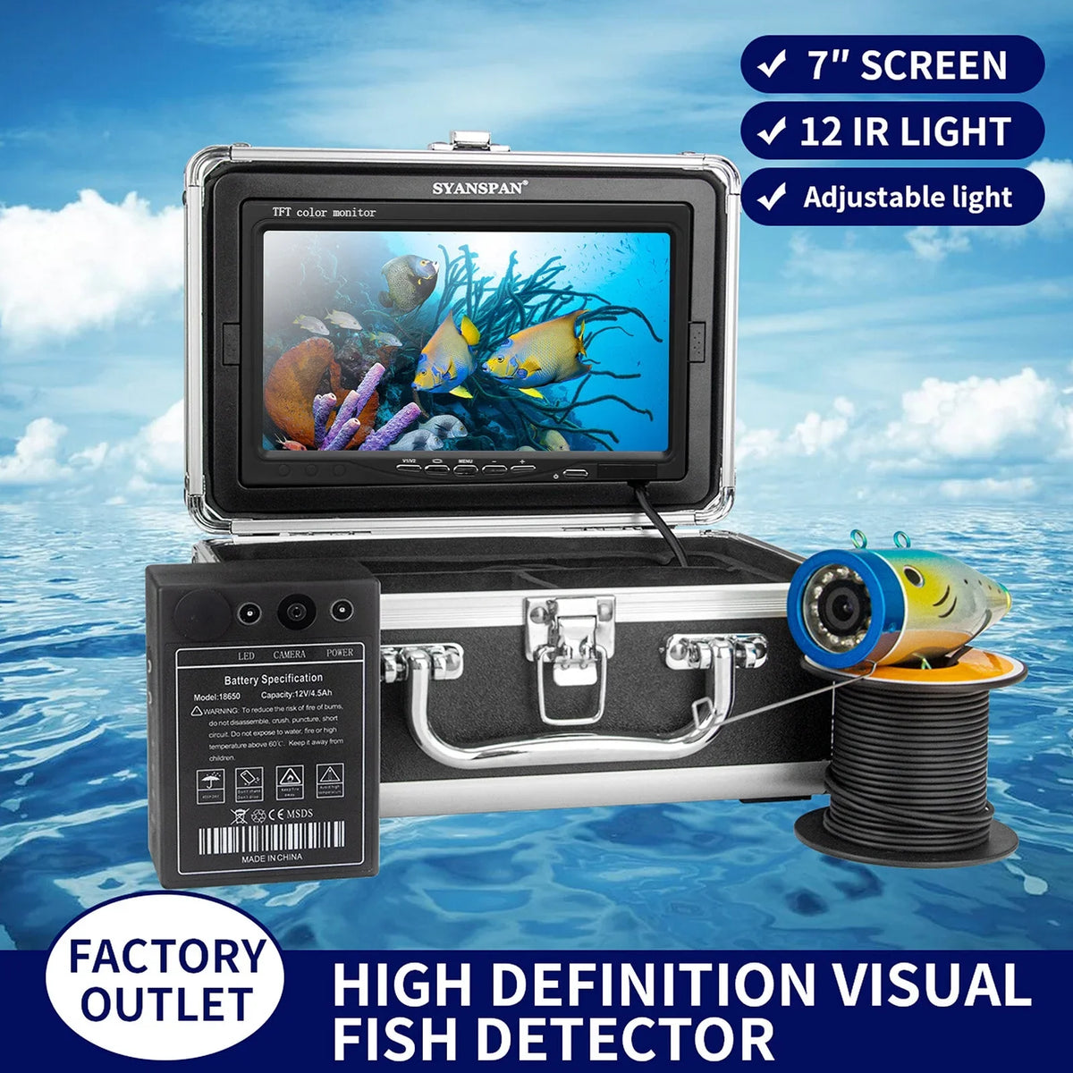 7 Inch 1200TVL Fluid Fishing Camera Fish Finder 12 Infrared LED Lamps 15M for Ice Sea Fishing