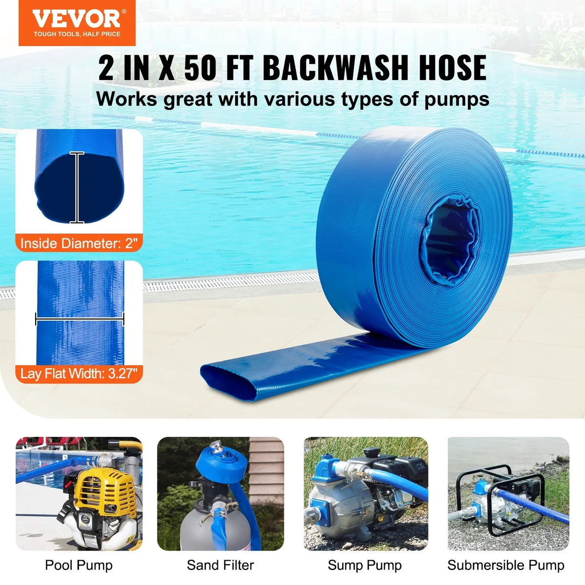 BENTISM Swimming Pool Filter Backwash Hose 2'' x 50' with Aluminum joints, Great for Fluid Disposal, PVC Discharge Hose with Camlock C & E Fittings