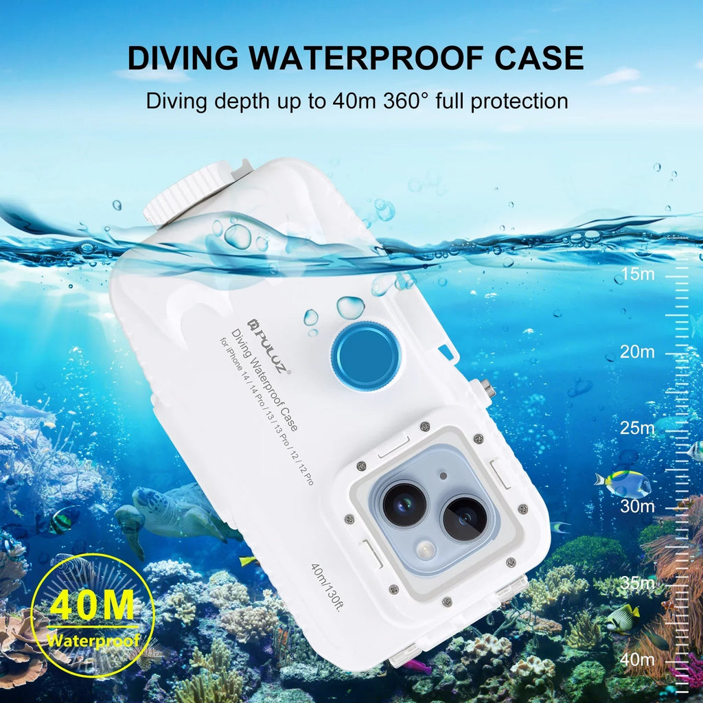 PULUZ 40M131ft Fluid Phone Case Diving Case Smartphone Fluid Housing Protective Case with Red Filter Neck Strap Cleaning Cloth Replacement for 14/ 14 Pro/ 13/ 13 Pro/ 12/ 12 P