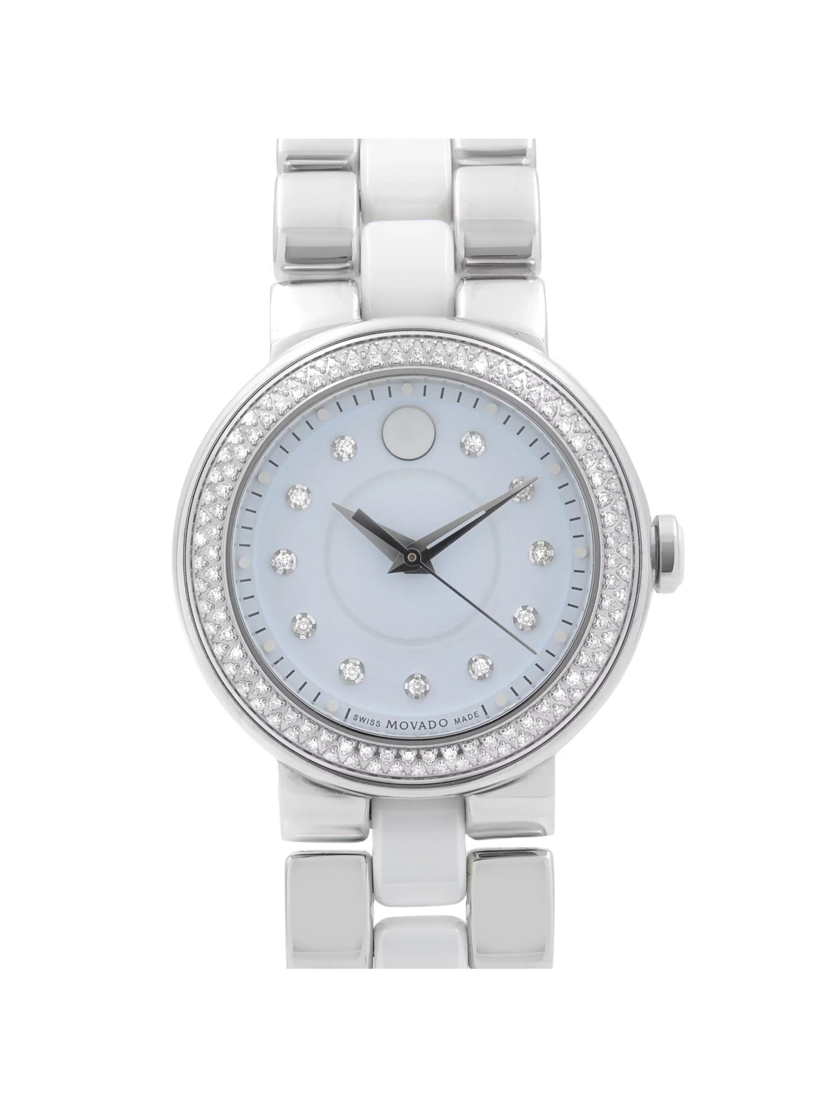 Movado Cerena 28mm Steel White Ceramic Diamond Bezel Quartz Ladies Watch 0606931 Pre-Owned