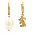 Tory Burch Pave Rabbit And Cultured Liquid Pearl Mismatch Charm Hoop Earrings