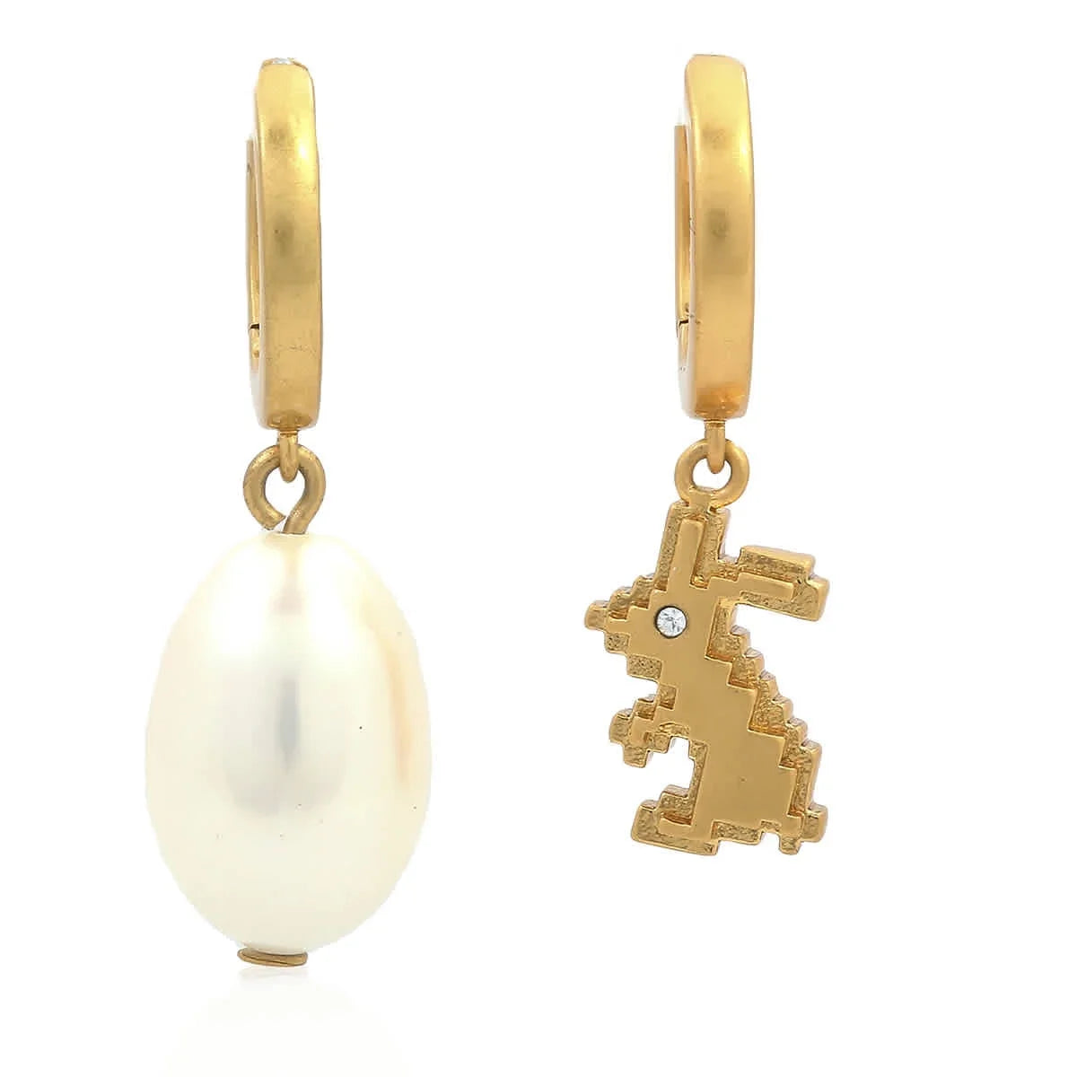 Tory Burch Pave Rabbit And Cultured Liquid Pearl Mismatch Charm Hoop Earrings