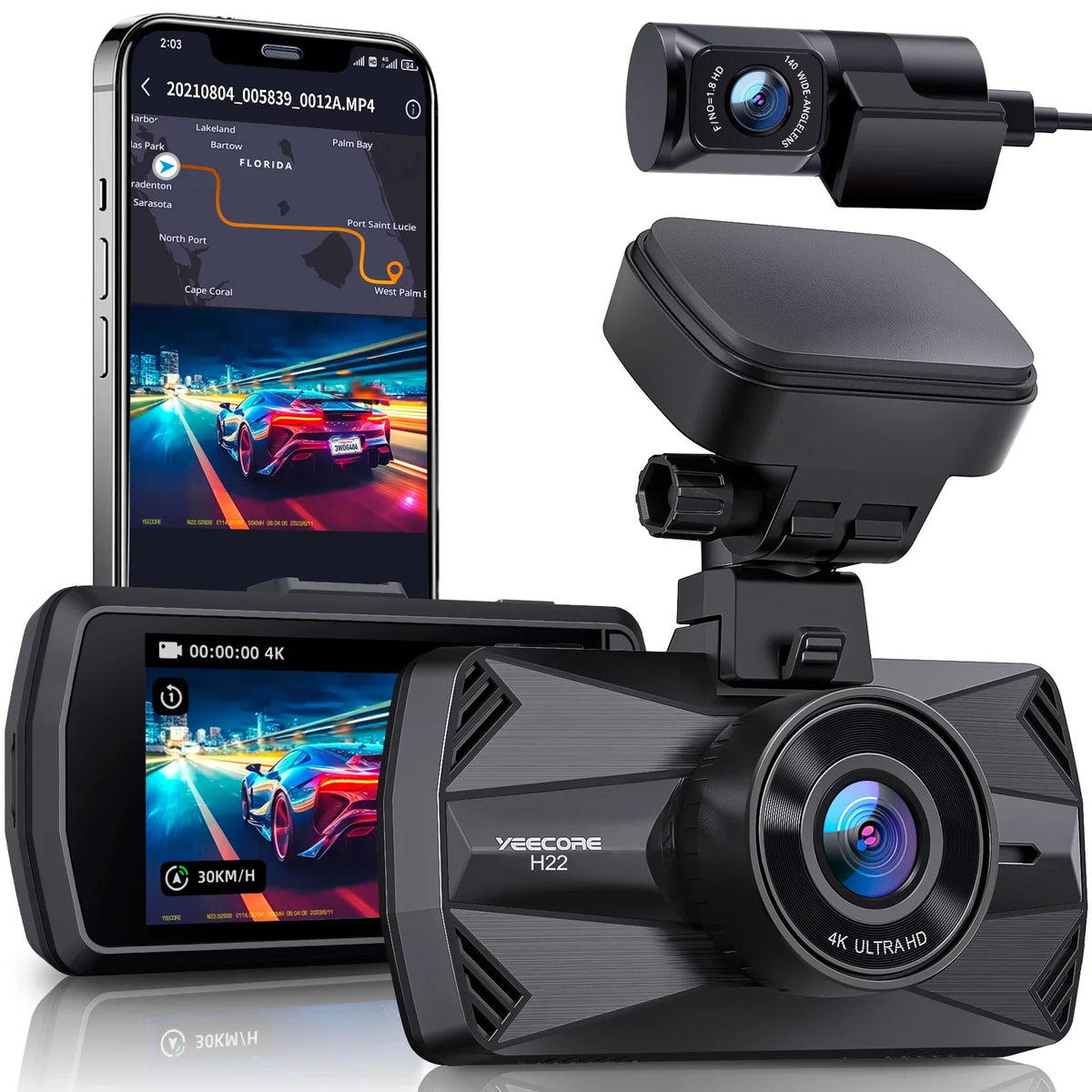 YEECORE Dual Dash Cam, Real 4K+1080P Front and Rear, Built-in WiFi GPS, 3" IPS Display HDR Night Vision, 24H Parking Monitor, 157°Wide Angle Dash Camera for Cars, G-Sensor, Loop Recording