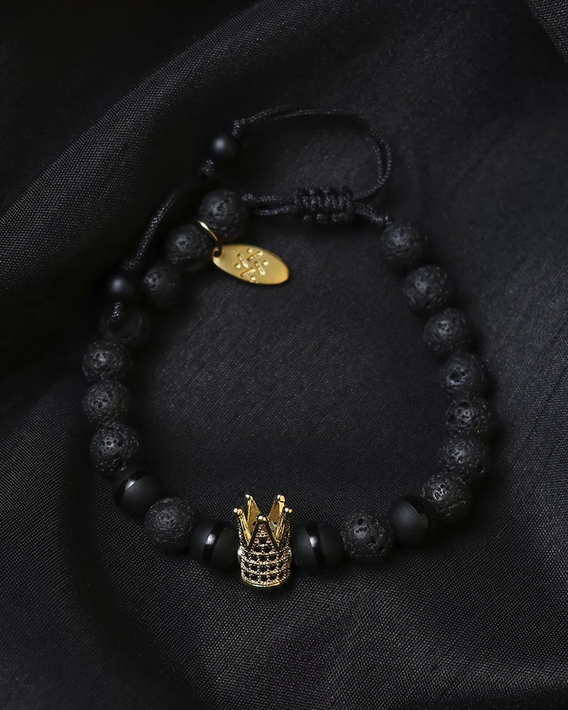 By Fabrizio Design Cagliari Adjustable Bracelet in Matte Onyx, Crown Charm, and Silver Volcanic Rock for Men & Women