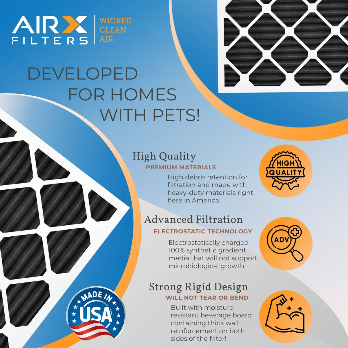 12x12x1 Air Filter MERV 8 Rating, 12 Pack of Furnace Filters Comparable to MPR 700, FPR 5, Pet Odor Retention Filters - Made in USA by AIRX FILTERS WICKED CLEAN AIR.