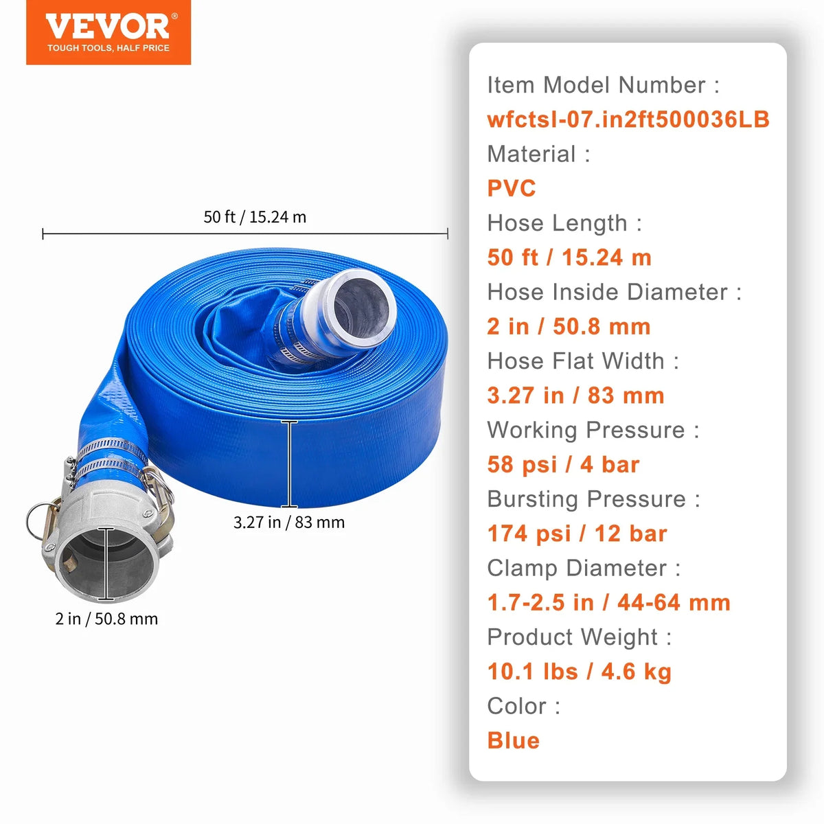 BENTISM Swimming Pool Filter Backwash Hose 2'' x 50' with Aluminum joints, Great for Fluid Disposal, PVC Discharge Hose with Camlock C & E Fittings