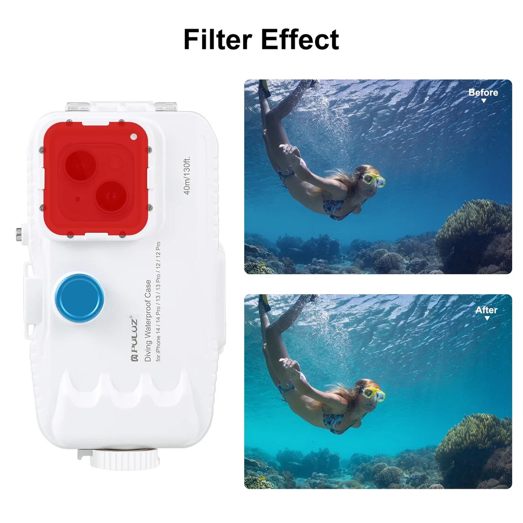 PULUZ 40M131ft Fluid Phone Case Diving Case Smartphone Fluid Housing Protective Case with Red Filter Neck Strap Cleaning Cloth Replacement for 14/ 14 Pro/ 13/ 13 Pro/ 12/ 12 P