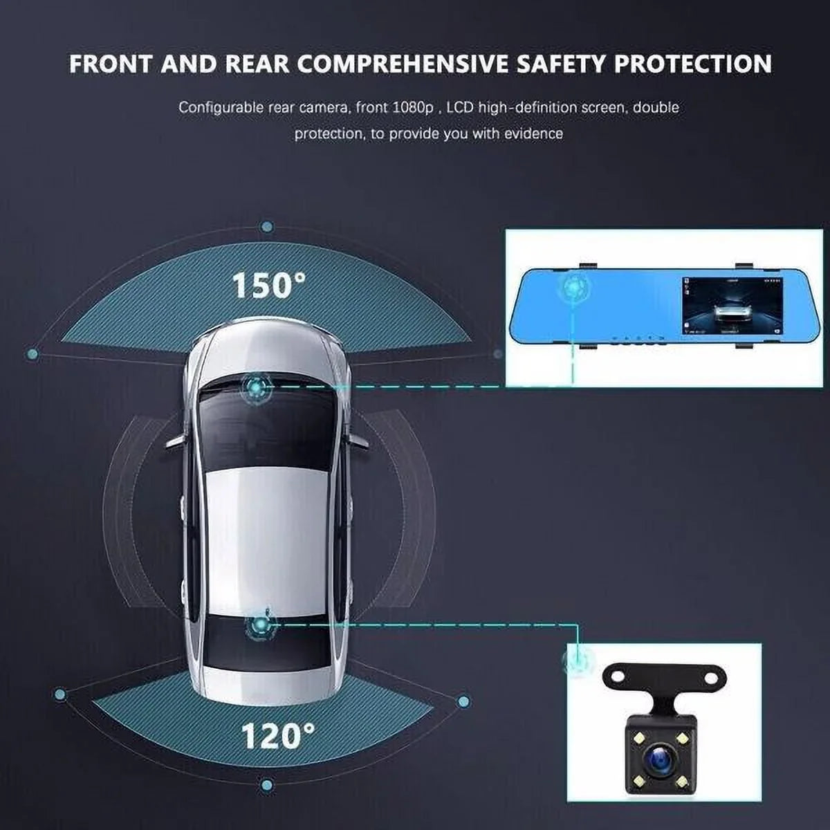 Teledu 1080P Rearview Mirror Car DVR Dual Dash Cam Camera Front Rear HD Video Recorder