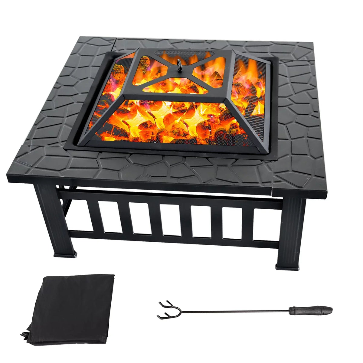 GSE Games & Sports Expert 32" Heavy Duty Square Patio Wood Fire Pit Table with Spark Monitor Cover, Log Grate, Liquid Cover and Fire Poker for Outdoor Backyard, Garden, Bonfire