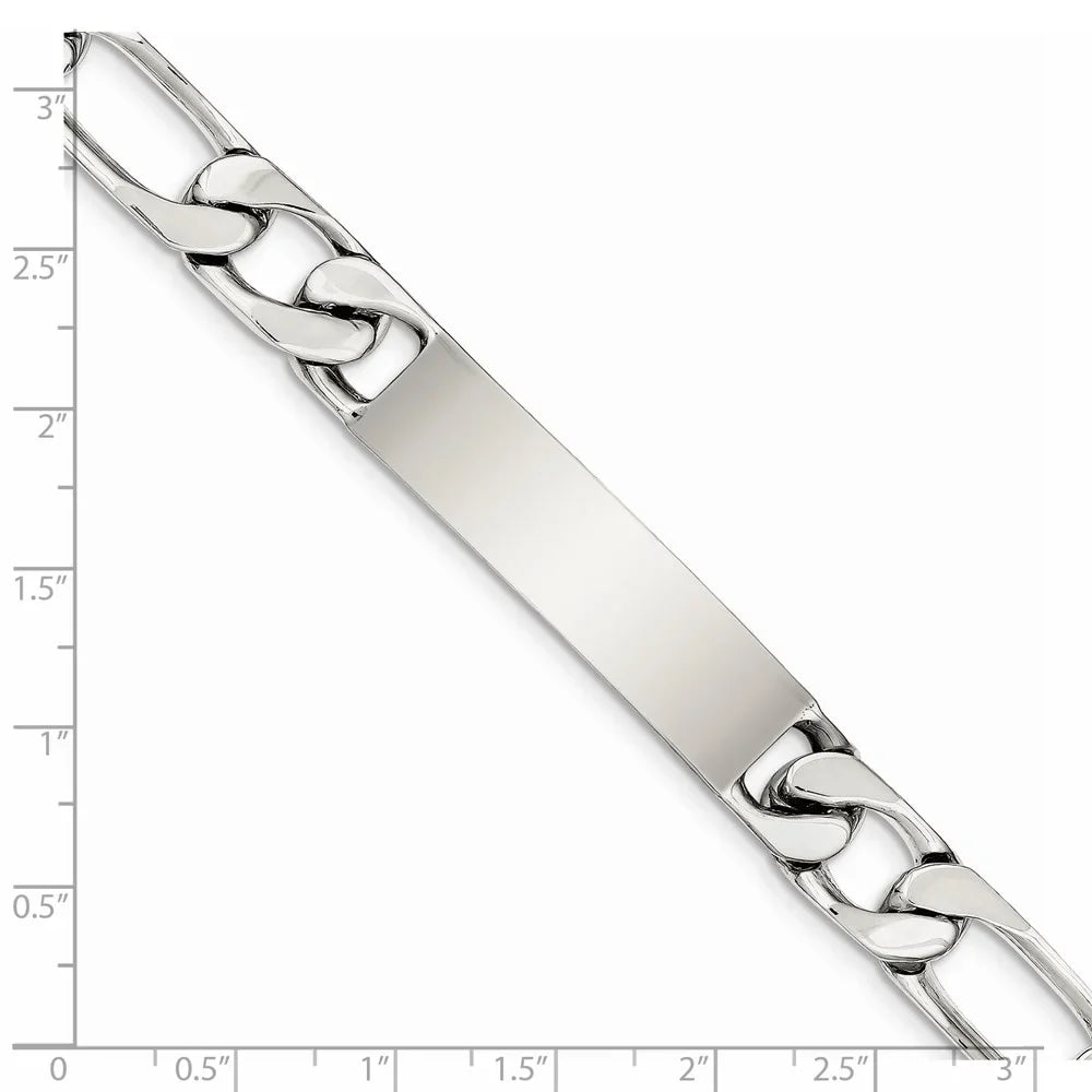 Sterling Silver Bracelet ID Figaro Men's 12 mm 8.5 in Polished Engraveable Link