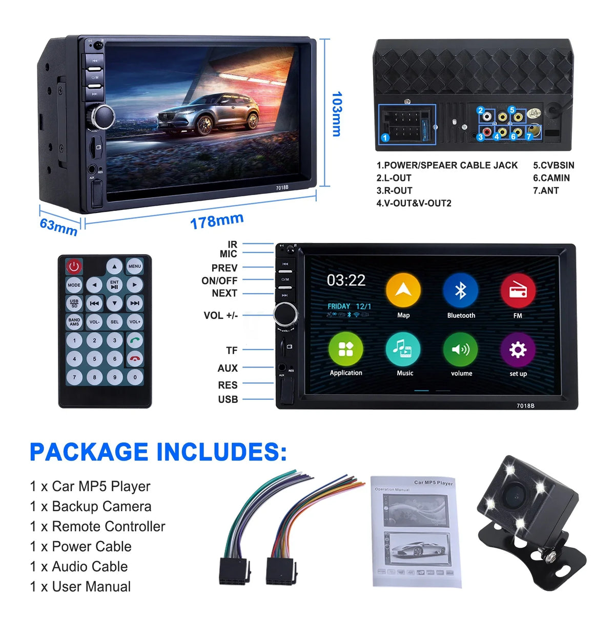 Double Din Car Stereo, 7In HD Bluetooth Car Radio MP5 Player Touch Monitor with Backup Camera, Vehicle Audio Receiver with Mirror Link, USB/Car Audio Receiver