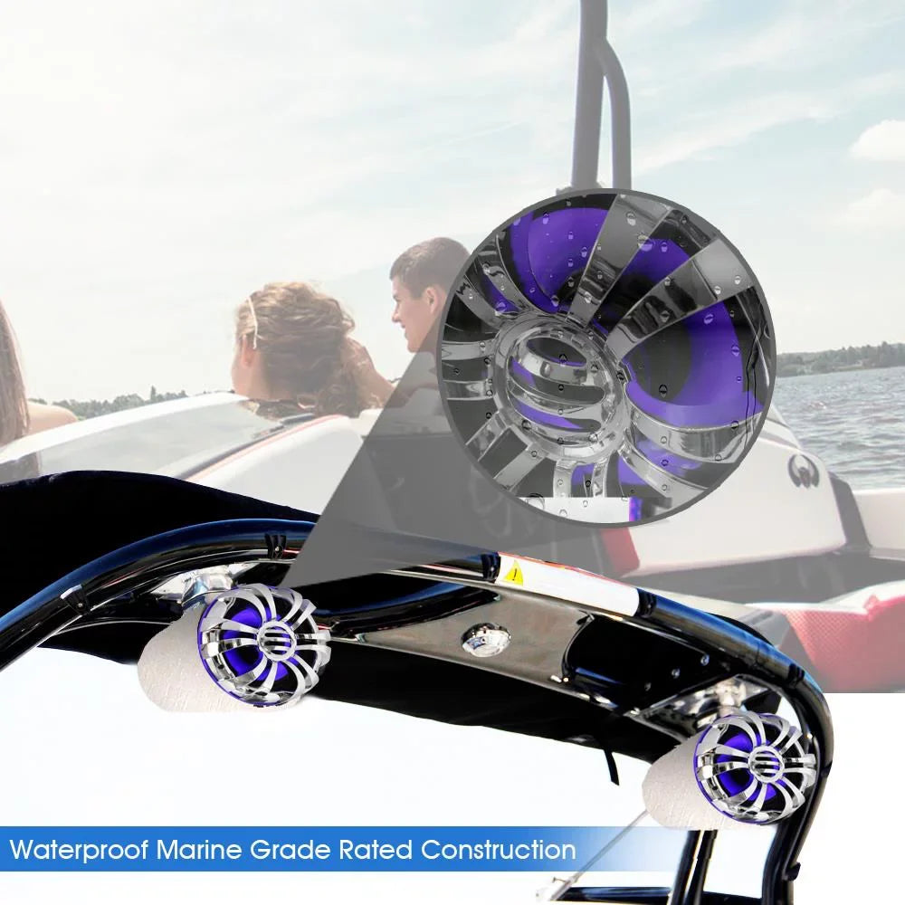 PYLE PLMRWB50L - Liquid Rated Marine Tower Speakers - Wakeboard Subwoofer Speaker System with Built-in LED Lights, Stainless Steel, 5.25'' (200 Watt)