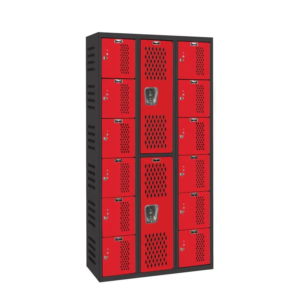 Hallowell PE / Gym Locker, 36"W x 18"D x 72"H, 708 Midnight Ebony Body and 721 Relay Red Doors, Six Tier / Double Tier / Six Tier, 3-Wide, All-Welded