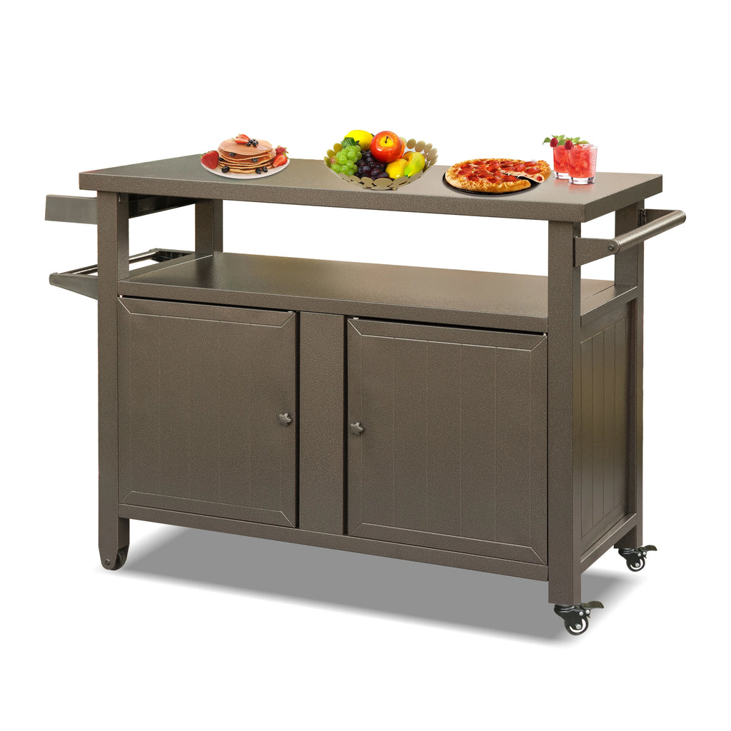 Homiyad Grill Carts Outdoor Storage Cabinet with Wheels, Metal Outdoor Grill Table Kitchen Dining Table Cooking Prep BBQ Table for Patio, Kitchen Island, Home Party, Bar (Brown)