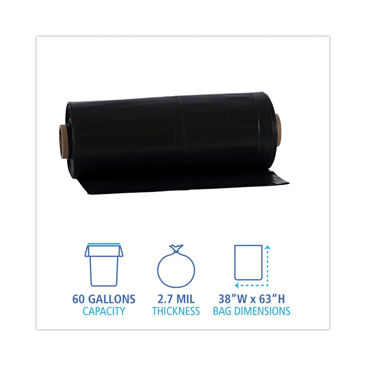 Boardwalk Industrial Drum Liners Rolls, 60 gal, 2.7 mil, 38 x 63, Black, 1 Roll of 50 Bags