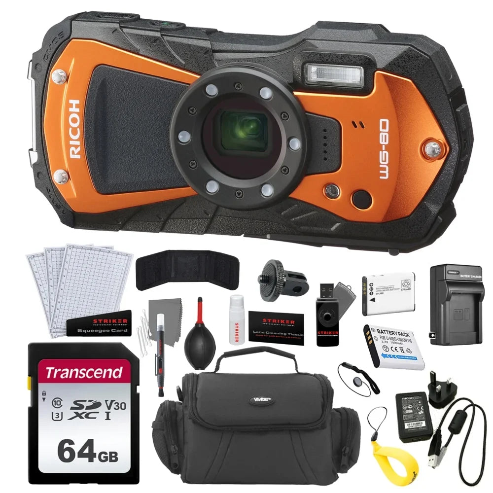 Ricoh WG-80 Digital Camera | Orange Bundle with Conversion Tripod Adapter Camera Screw + Photo Kit + 64GB Memory Card + Battery + Battery Charger + Camera Case + Floating Strap (8 Items)