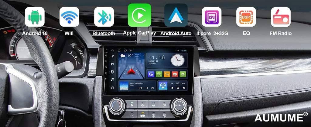 Android 10 Double Din Car Stereo for Honda Civic 2016-2020 with 9 Inch Monitor Radio Built-in Wireless Carplay/Android Auto/GPS/Bluetooth/FM/AUX-in/Steering Wheel Control Backup Camera 2+32G