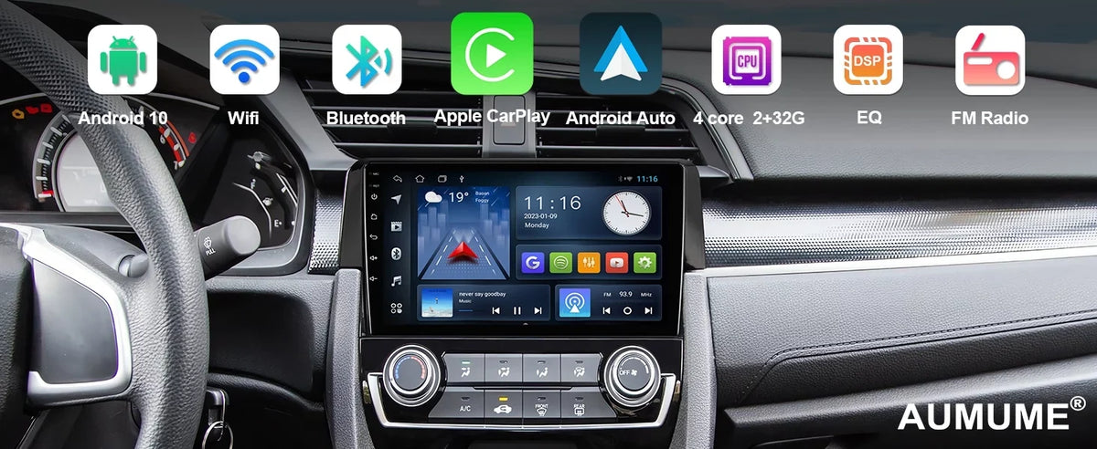 Android 10 Double Din Car Stereo for Honda Civic 2016-2020 with 9 Inch Monitor Radio Built-in Wireless Carplay/Android Auto/GPS/Bluetooth/FM/AUX-in/Steering Wheel Control Backup Camera 2+32G