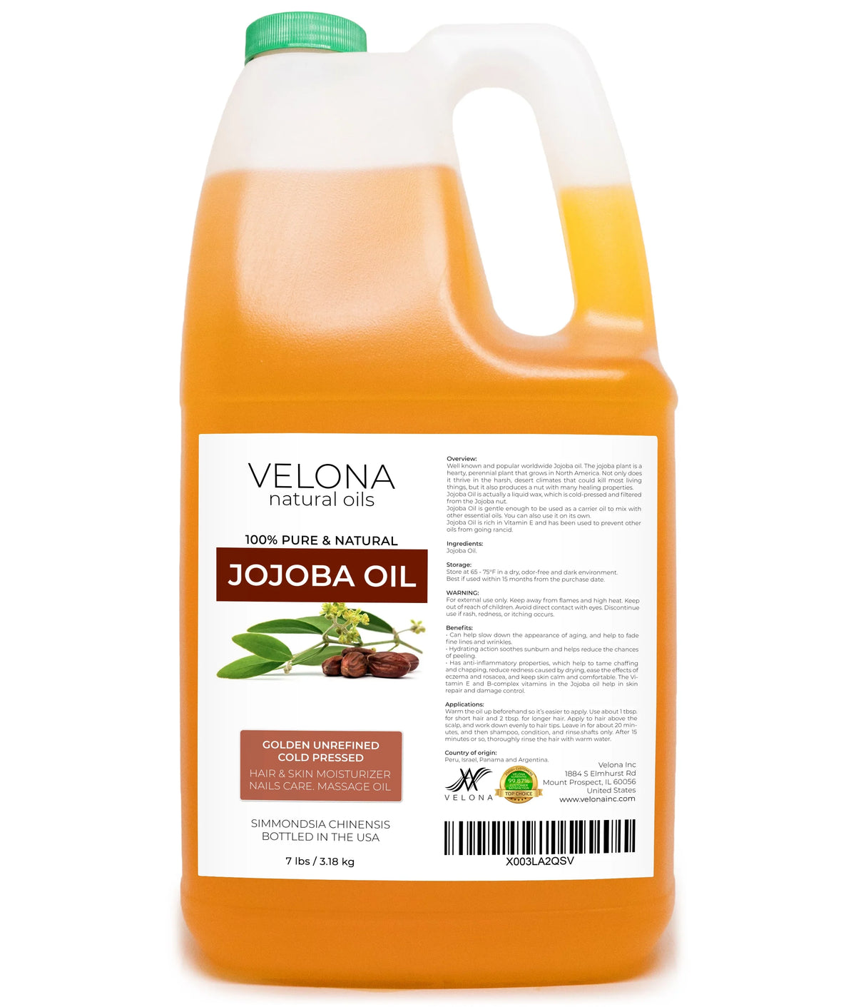 Velona Jojoba Oil - 112 oz | 100% Pure and Natural Carrier Oil| Golden, Unrefined, Cold Pressed, Hexane Free | Moisturizing Face, Hair, Body, Skin Care, Stretch Marks, Cuticles