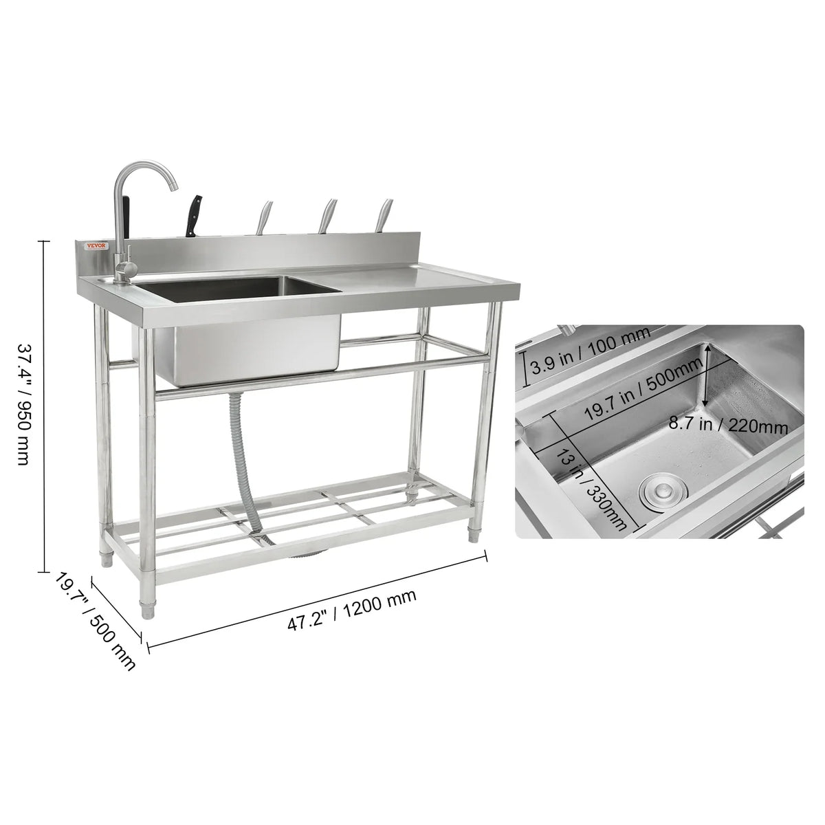 BENTISM Stainless Steel Utility Sink Single Bowl w/Workbench 47.2x19.7x37.4 in