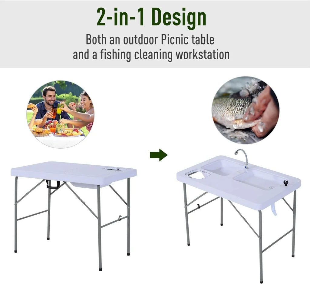 Folding Camping Table with Faucet and Dual Liquid Basins, Outdoor Fish Table Sink Station, for Picnic, Fishing, 40''