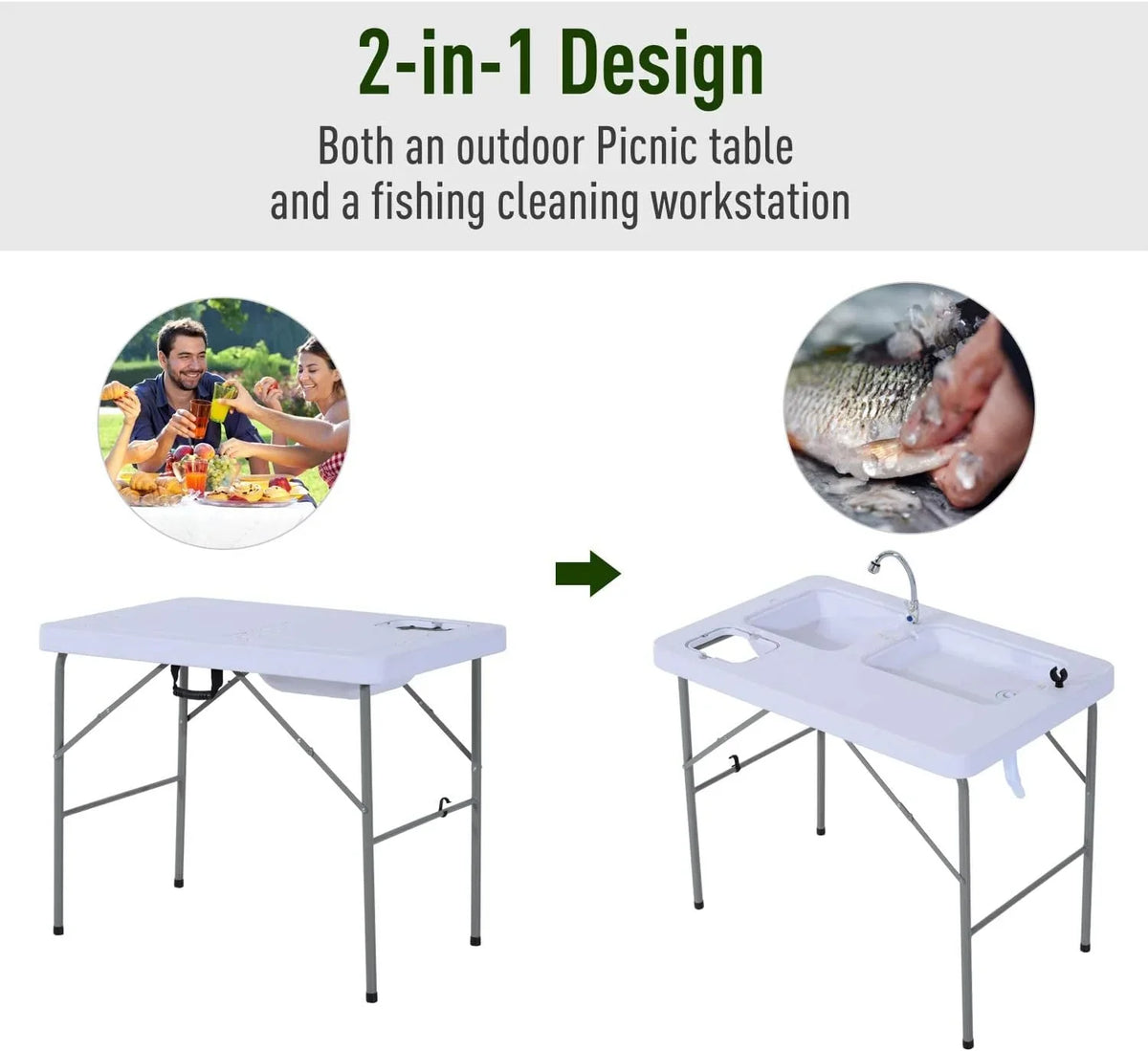 Folding Camping Table with Faucet and Dual Liquid Basins, Outdoor Fish Table Sink Station, for Picnic, Fishing, 40''