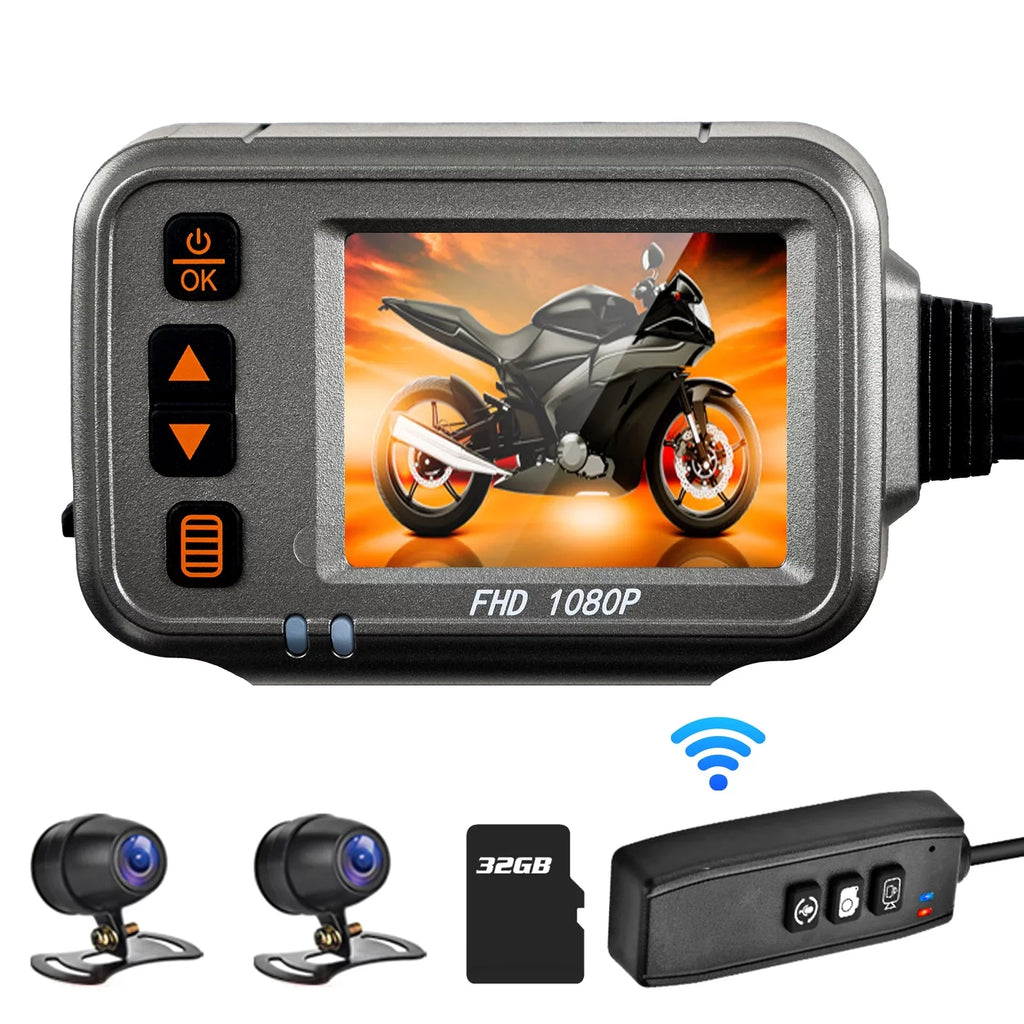 Walmeck Motorcycle Dash Cam,WiFi Dual 1080p Motorbike Camera ,120° Wide Angle,Parking Monitoring, Timed Recording After Flameout Full Body Fluid Night Vision HD With 32G storage card