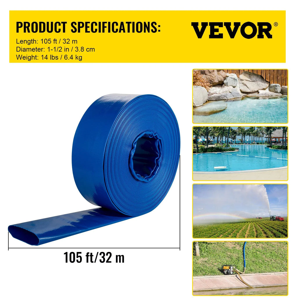 VEVOR Discharge Hose, 1-12" x 105', PVC Fabric Lay Flat Hose, Heavy Duty Backwash Drain Hose with Clamps, Weather-proof & Burst-proof, Ideal for Swimming Pool & Liquid Transfer, Blue