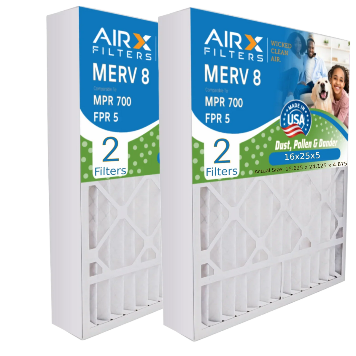 16x25x5 Air Filter MERV 8 Comparable to MPR 700 & FPR 5 Compatible with Skuttle #000-0448-001 DB-25-16 Premium USA Made 16x25x5 Furnace Filter 2 Pack by AIRX FILTERS WICKED CLEAN AIR.