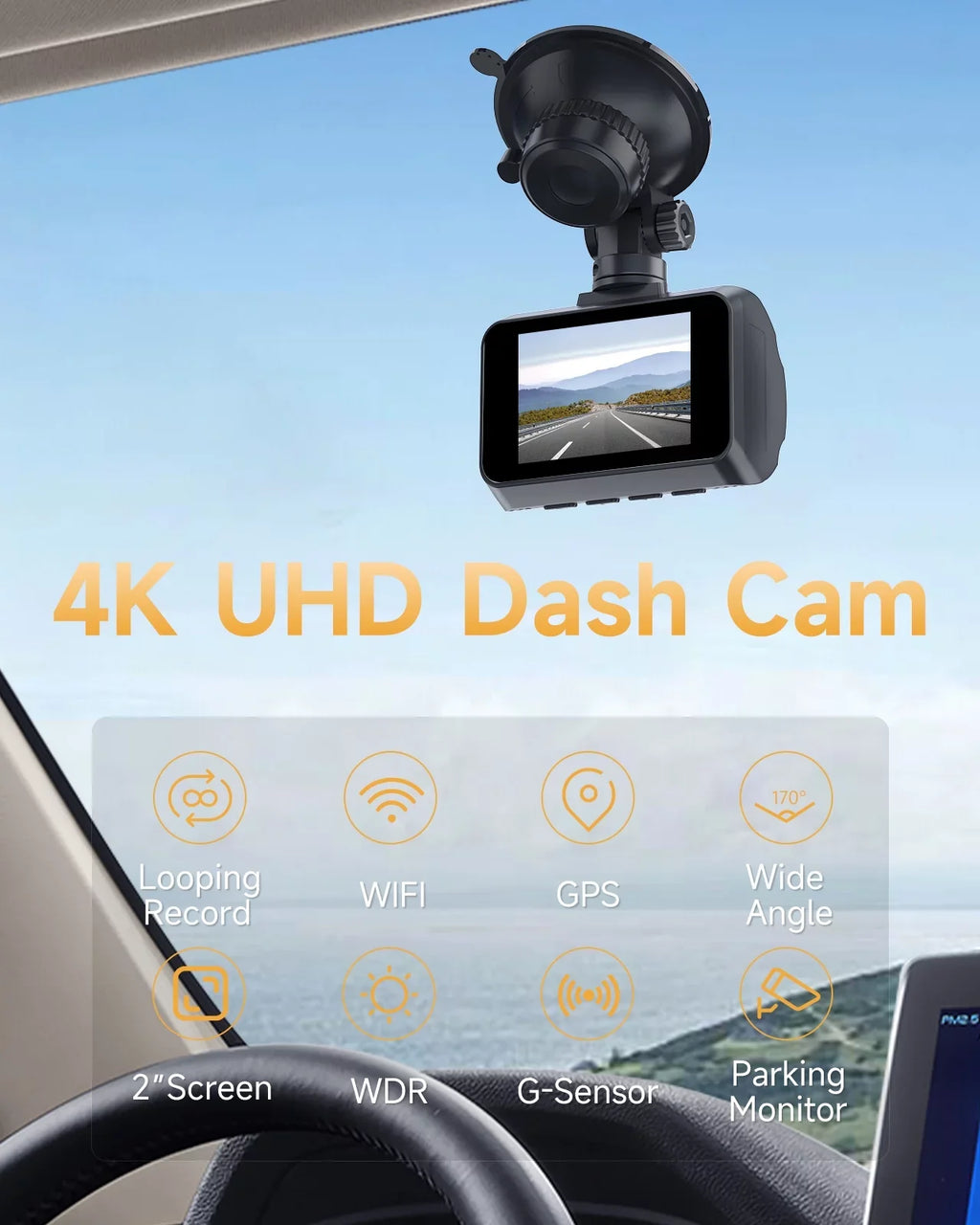 4K Dash Cam WiFi GPS,4K+1080P Front and Rear, Car Dash Camera, Dashcam with 2" LCD Monitor 170° Wide Angle, WDR, Night Vision,Parking Mode, G-Sensor,Black